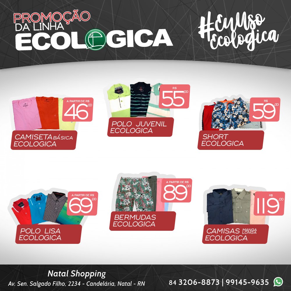 Natal_Shopping's tweet photo. Aproveite a #LiquidaEcologica com ofertas de camisas, bermudas e muito mais. #VemProNatalShopping https://t.co/JSpoKRj7aQ