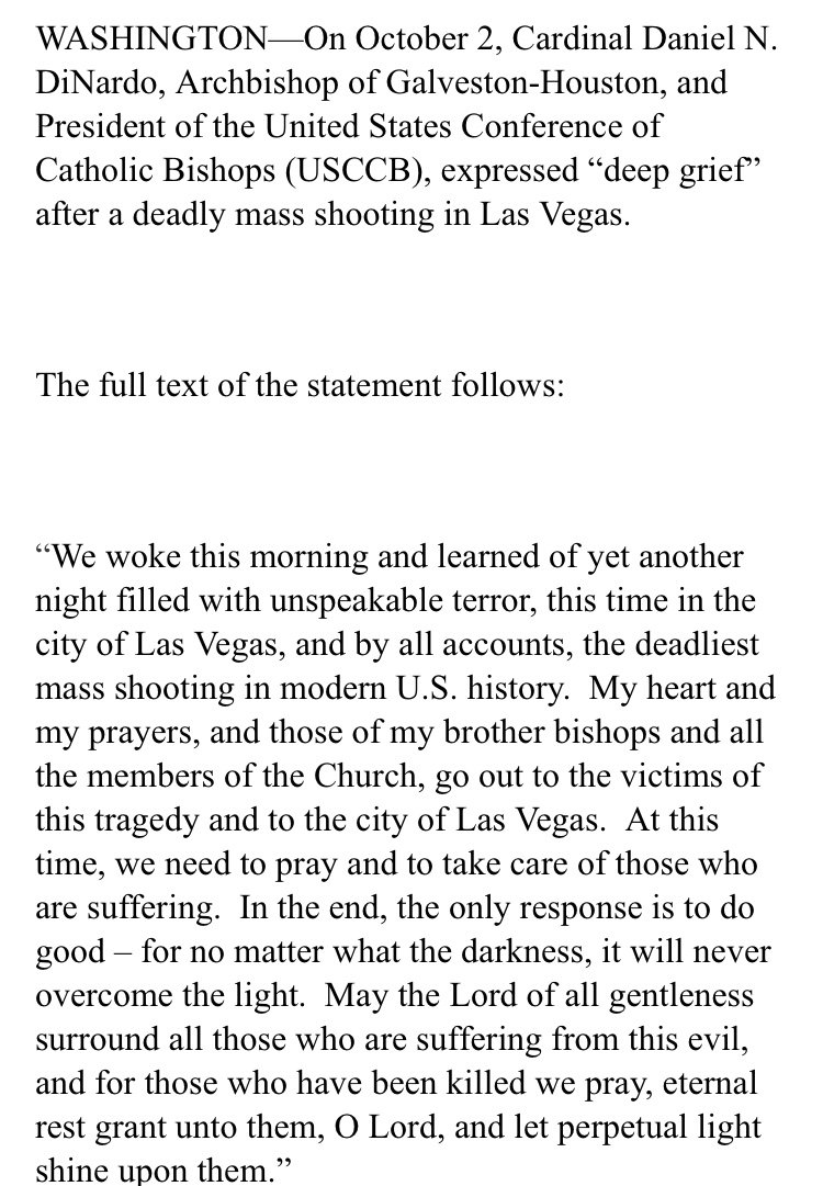 USCCB President Cardinal Daniel DiNardo Calls for Prayers, Care for Others After Tragic Shooting in Las Vegas