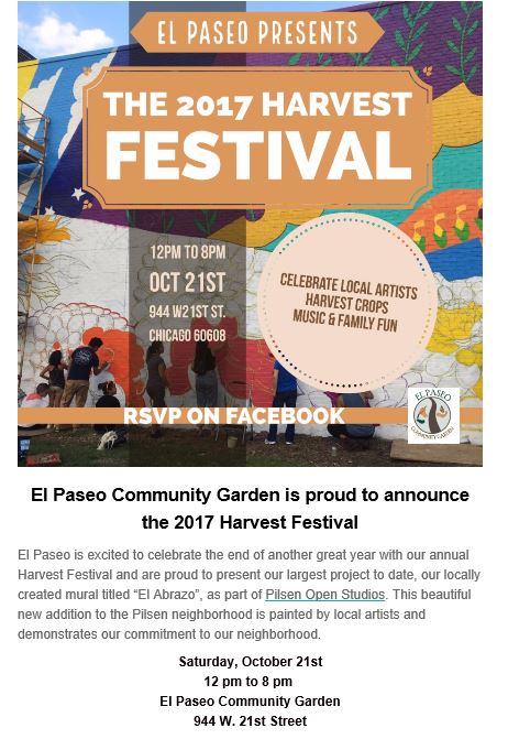 Harvest Fest @ <a href="/elpaseogarden/">El Paseo Garden</a> 10/21.

ow.ly/Fsel30fyRWV 

<a href="/AUAChicago/">AUA Chicago</a> <a href="/NeighborSpace/">NeighborSpace</a> <a href="/PilsenPortal/">Pilsen Portal</a> <a href="/LVEJO/">LVEJO</a> <a href="/PilsenPERRO/">P.E.R.R.O.</a> <a href="/ChiCommGardens/">ChiCommGardensAssoc</a>