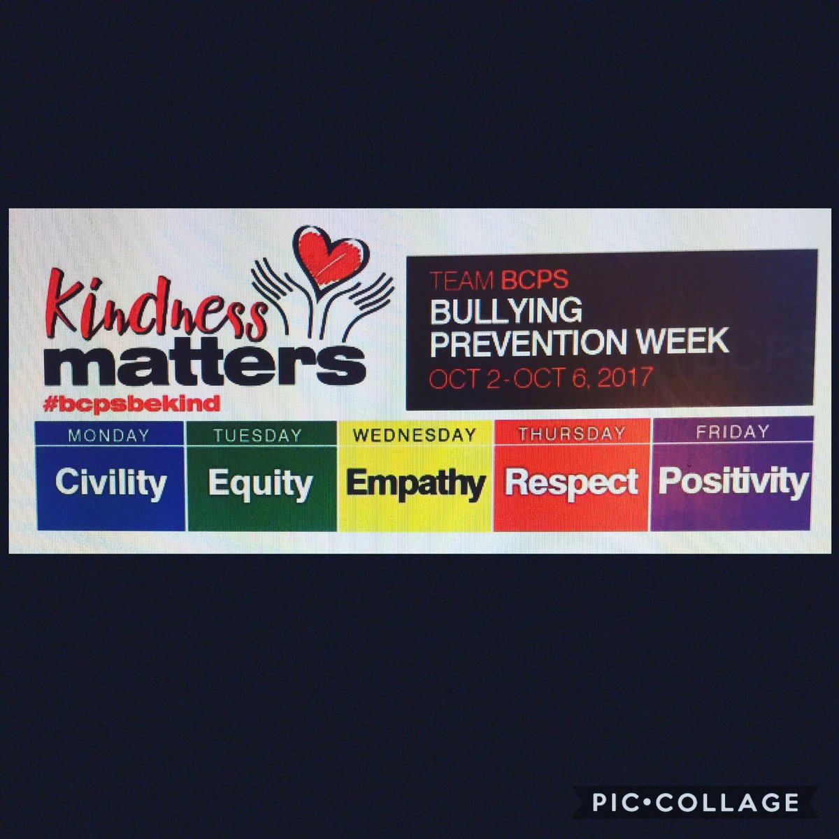 Hey <a href="/PatapscoHSCFA/">Patapsco High School</a> it's Bullying Prevention Week. Be sure to wear the following colors each day this week. #workhardbenice #bcpsbekind