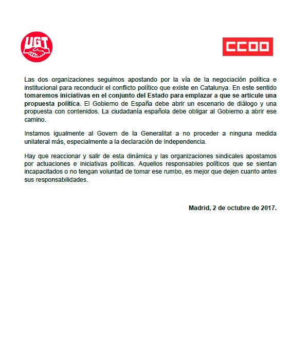 UGT_Comunica's tweet photo. Declaración de las Confederaciones Sindicales de UGT y @CCOO sobre la situación en Catalunya https://t.co/fzKrAPef0y https://t.co/0pDcdY6RcA
