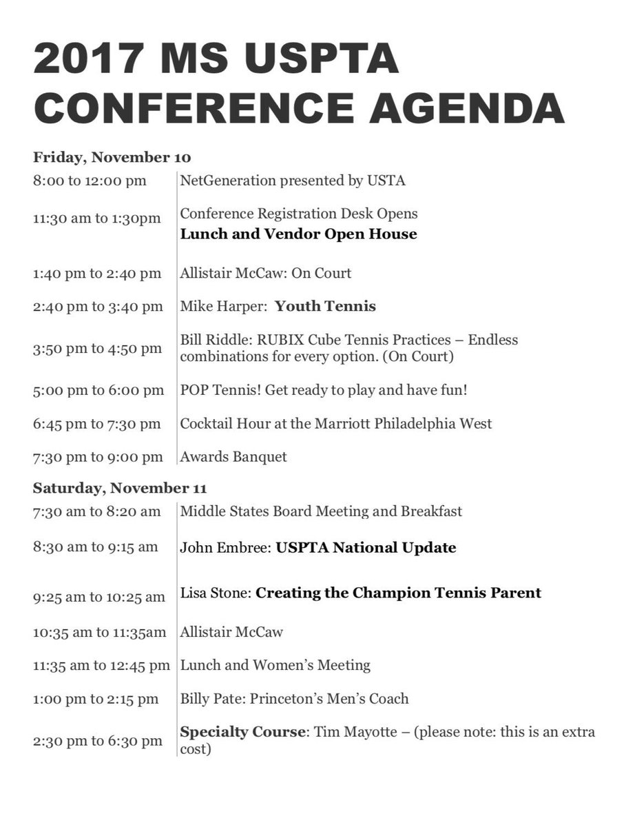 USPTA_MS's tweet photo. #USPTAMSConf17 Nov 10-11 Green Valley Country Club Lafayette Hill, PA. https://t.co/RLElmyumoS
#usptapro #tenniscoach #tennispro #getyour6 https://t.co/IJLuxwinzD