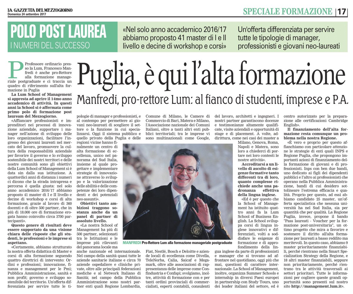 "Nell'ultimo anno accademico abbiamo proposto 41 master di I e II livello e decine di workshop e corsi".Prof.Manfredi