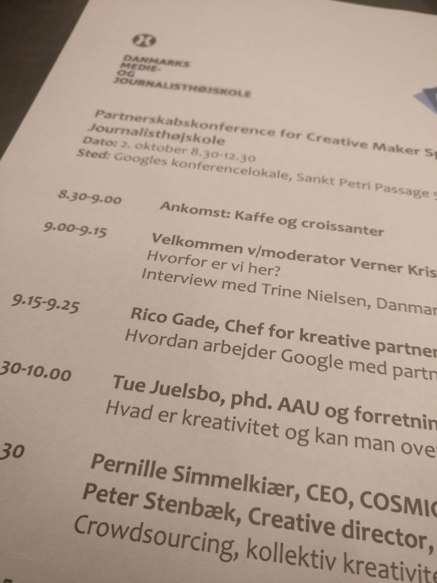 Starter dagen hos <a href="/Google/">Google</a> og <a href="/dmjx/">DMJX</a>. Oplæg om kreativitetsforskning og -praksis og gode diskussioner om Creative Maker Spaces i DK.