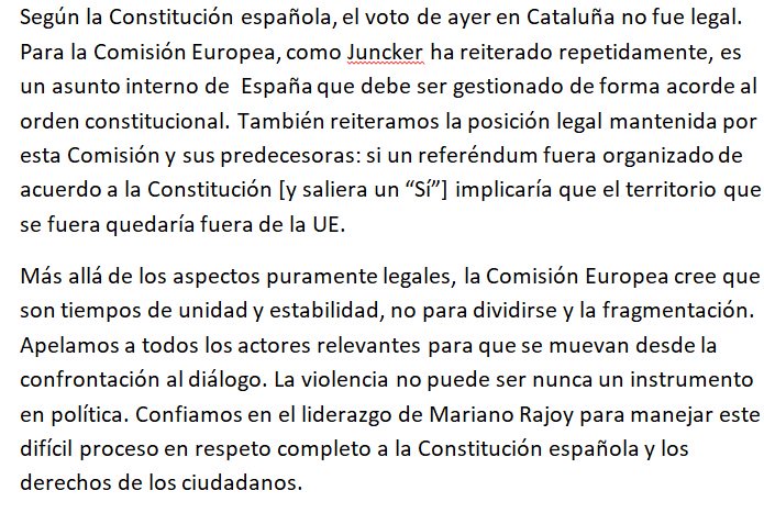 Suanzes's tweet photo. Aquí, la posición de la Comisión Europea sobre lo ocurrido en Cataluña ayer https://t.co/lkLp2tAki1