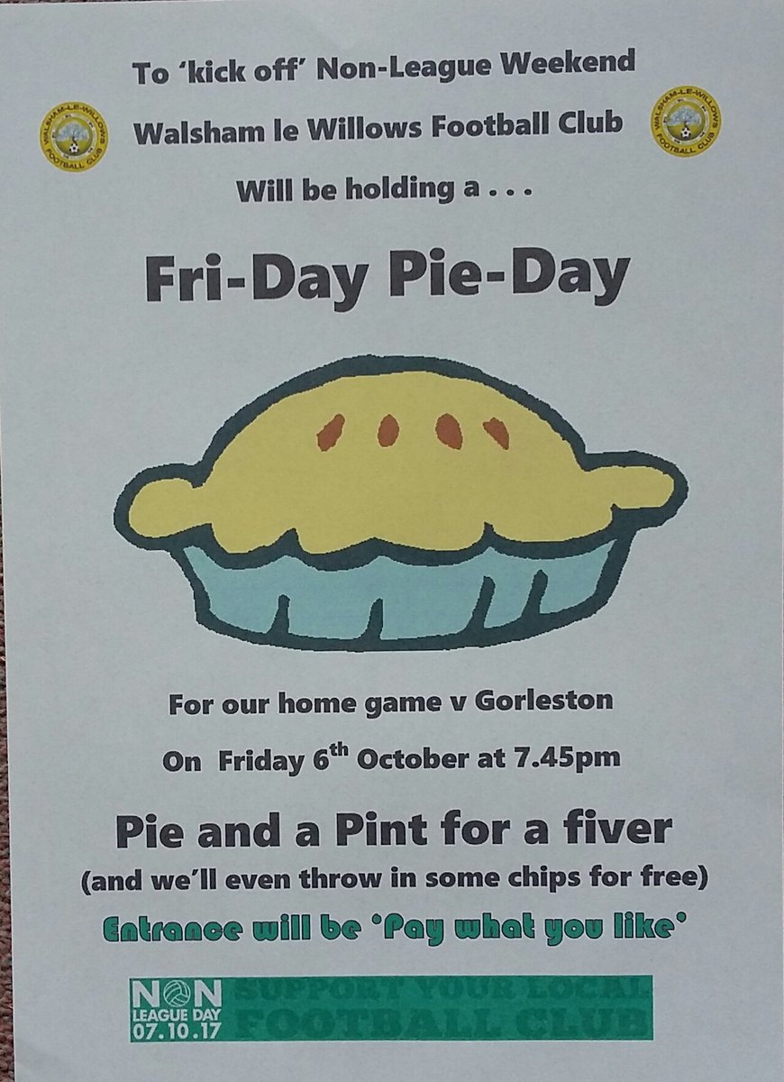 Walsham Le Willows Fc (@walsham_warbler) on Twitter photo <a href="/nonleaguedayuk/">Non-League Day</a> <a href="/NonLeagueCrowd/">Non League Crowds</a> <a href="/ThurlowNunnFL/">Eastern Counties</a> Here's what we are up to: 'Fri-Day Pie-Day' & Pay what you like. Friday 6th Oct K/O 7.45 pm <a href="/nonleaguedayuk/">Non-League Day</a> <a href="/NonLeagueCrowd/">Non League Crowds</a> <a href="/ThurlowNunnFL/">Eastern Counties</a> Here's what we are up to: 'Fri-Day Pie-Day' & Pay what you like. Friday 6th Oct K/O 7.45 pm