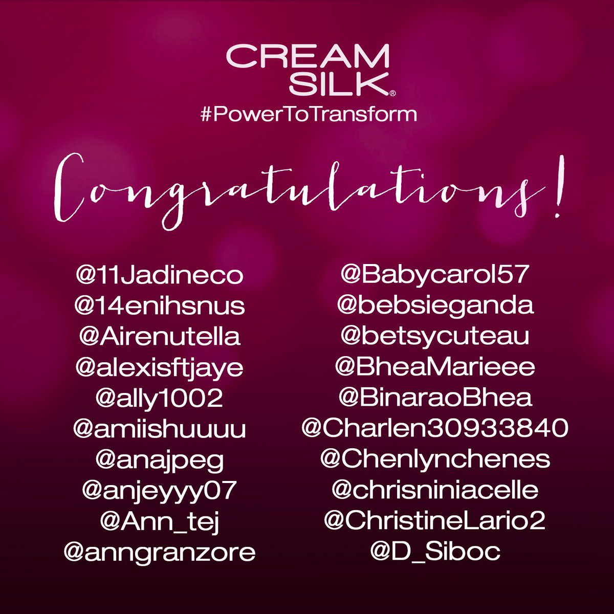 CreamSilkPH's tweet photo. Congratulations to the Cream Silk Transformation Box winners! The #PowerToTransform is yours! We'll be in touch with prize details! (4/6) https://t.co/VYbWsez4XS