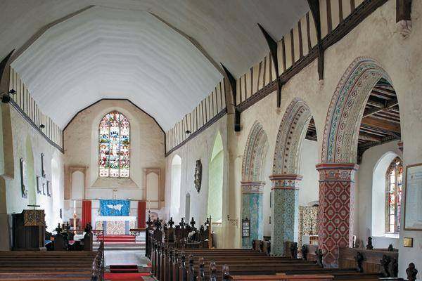 YalePevsner's tweet image. Colourful painting scheme, St Peter, Theberton, south aisle, by L.N. Cottingham, 1845–6 #Suffolk #Pevsner #BuildingsofEngland