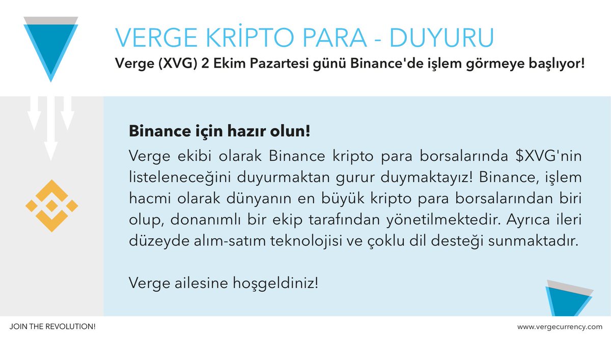 Verge ($XVG) Binance'de listelenmeye başladı! #vegenews <a href="/binance_2017/">Not Binance</a> #vergecurrency