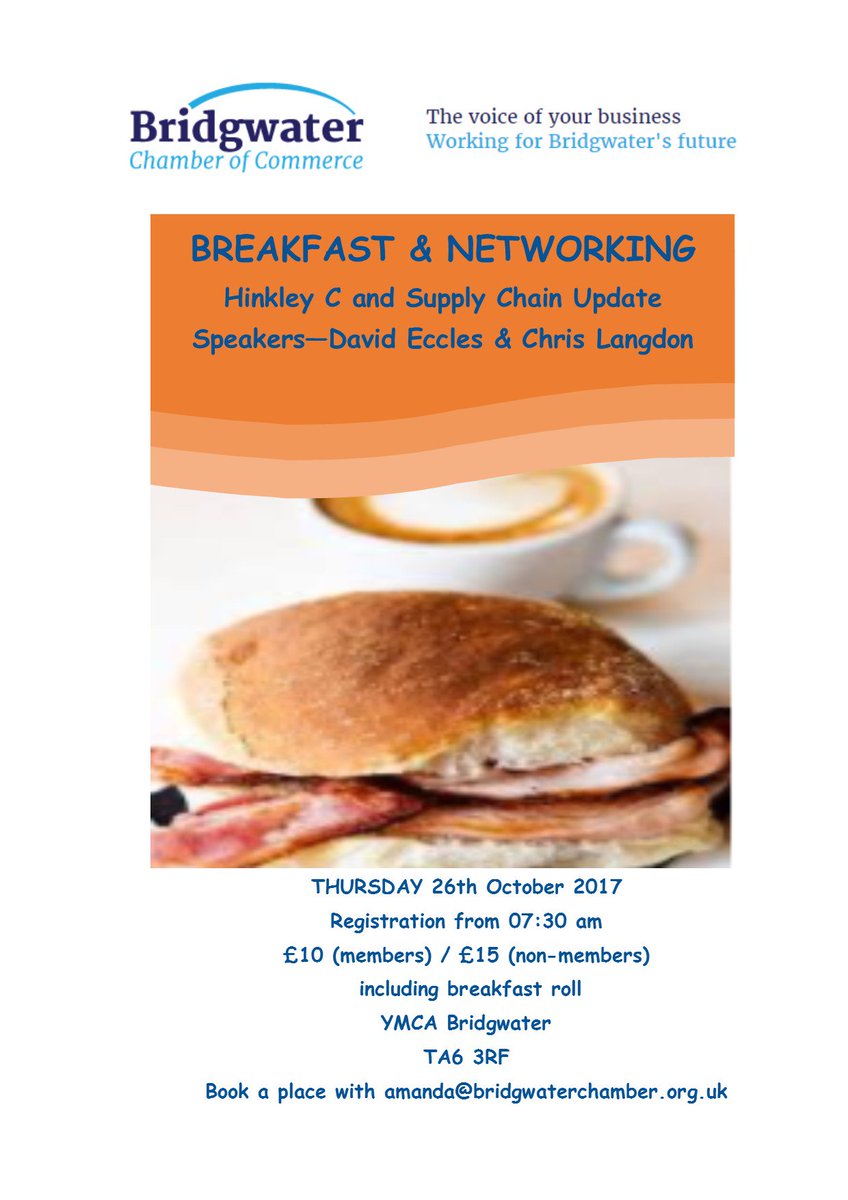 BridgwaterCoC's tweet photo. Network with local businesses and get the latest updates on Hinkley C and Supply Chain. #bridgwaterbusiness #hpc #breakfastnetwork https://t.co/0BasYIpFca
