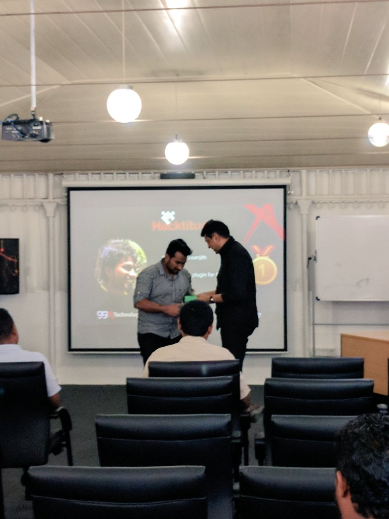 99x_io's tweet photo. Winner of #Hacktitude 2017 receiving his award and certificate from @ManoSeky - Congratulations! https://t.co/DExHbBQJey