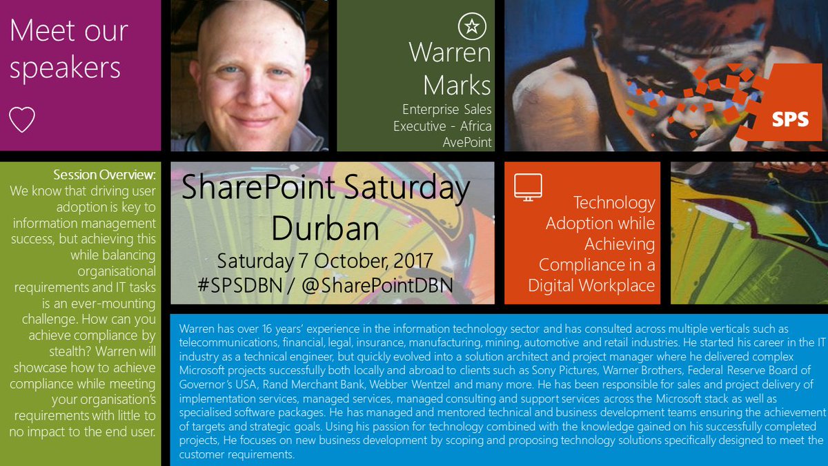 SharePointDBN's tweet photo. Join us Sat 7Oct'17 #SPSDBN for @MarksWazza Technology Adoption while Achieving Compliance in a Digital Workplace https://t.co/MvAV9ZdSKp https://t.co/mr13rl4M5f