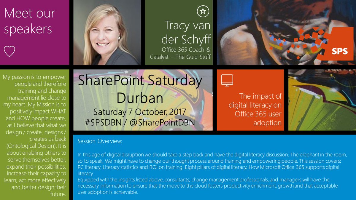 SharePointDBN's tweet photo. Join us Sat 7 Oct'17 #SPSDBN for a session by @tracyvds - The impact of digital literacy on Office 365 user adoption https://t.co/MvAV9ZdSKp https://t.co/ib7hwChvfb