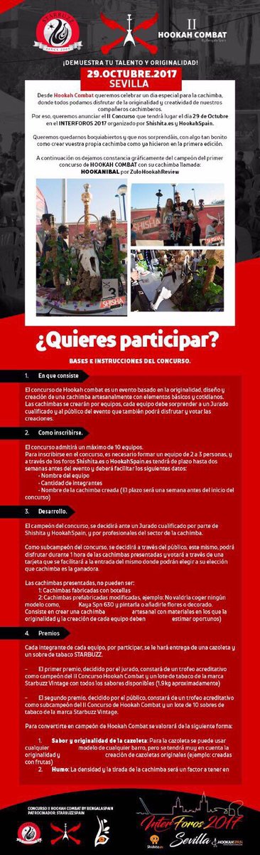 lashishadepisa's tweet photo. No te pierdas la #hookahcombat en la #interforos2017 ! Concurso organizado por @BengalaSpain y @Starbuzz_spain ! Mas info en los foros de @HookahSpain y @ShishitaEsp Participa!!💨💪🏼
#hookah #shisha #cachimba #chicha #tobacco #tabaco #sevilla #lashishadepisa https://t.co/Gvz4OoBhgM