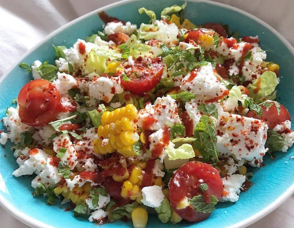 Corn, feta, tomato, kimchee, spring onion salad with Sriracha and lime dressing ift.tt/2yE9aYX