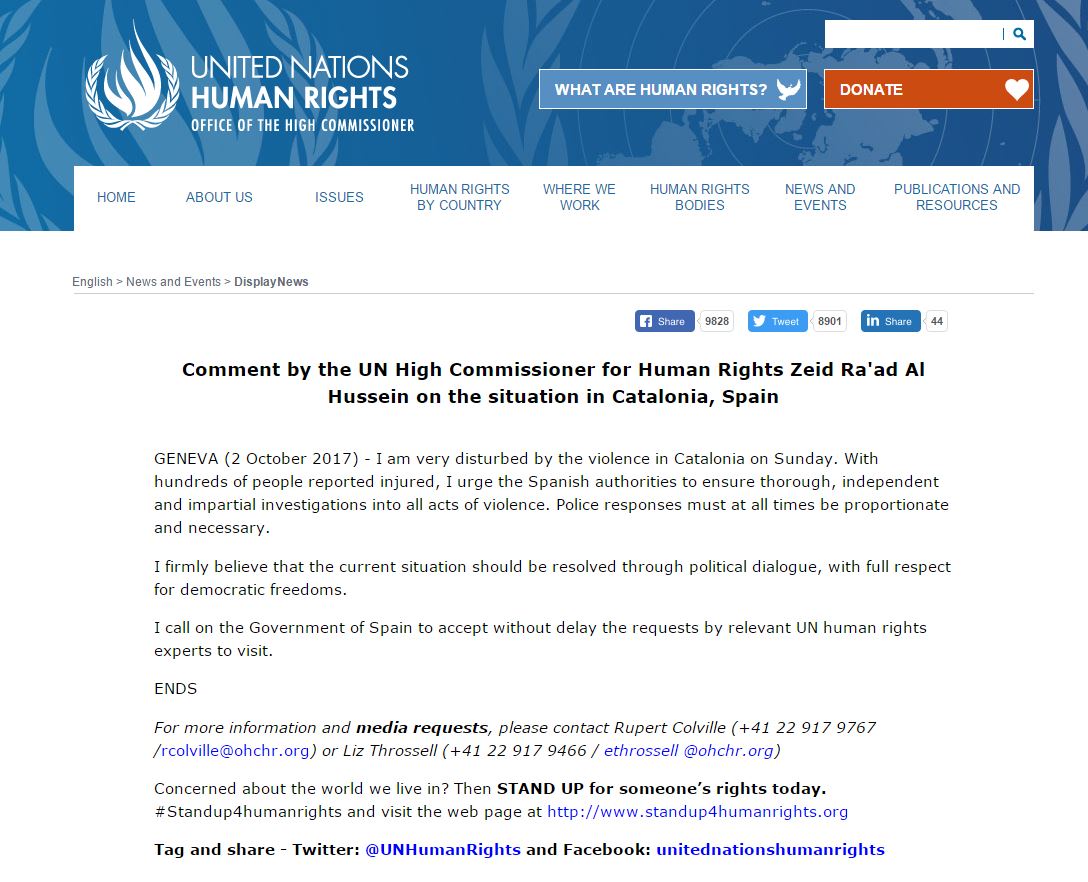 Aquest és el comunicat de l'Alt Comissionat de l'ONU pels Drets Humans que demana investigar la violència de l'1OCT
bit.ly/2x9uOTG