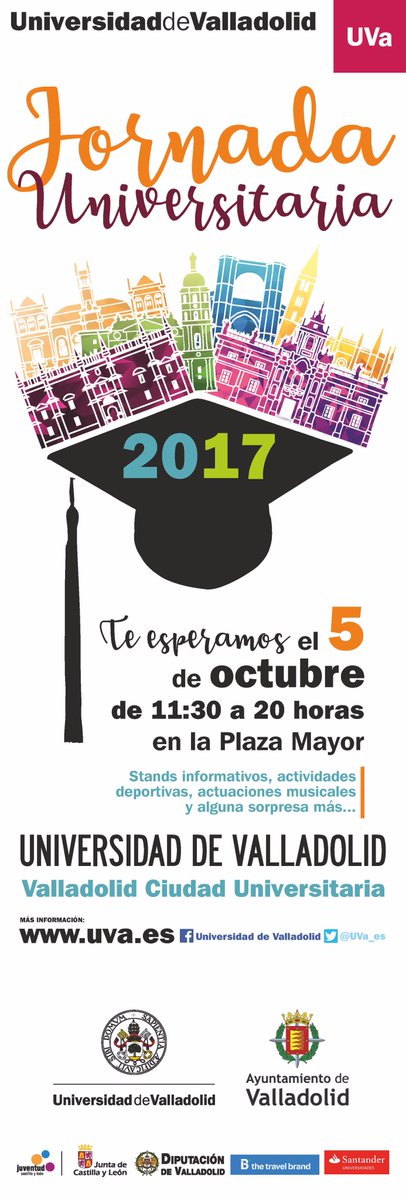 🔸JORNADA UNIVERSITARIA🔹
 
📍Plaza Mayor 
⏰11.30-20h
🗓5/10

¡Apunta la cita en tu agenda! ¡Te esperamos!😉#JornadaUniversitariaUVa
