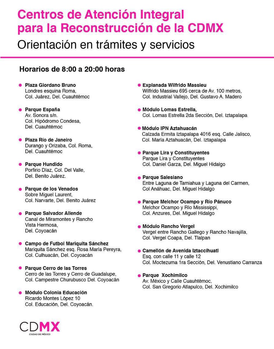locatel_mx's tweet photo. Acude a los diferentes Centros de Atención para la reconstrucción #CDMX con horario de 8 a 20 hrs. #ReconstrucciónCDMX 🇲🇽 https://t.co/3kEAeEMGq0