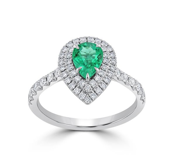 This gorgeous, pear-shaped double halo is a good way to add a pop of colour to your custom #diamondring to showcase your personal flair.