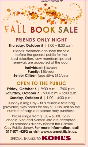 Fall Booksale happening this week!  Starts Thursday for #FOCCPL Join at the door and be among the first to shop!