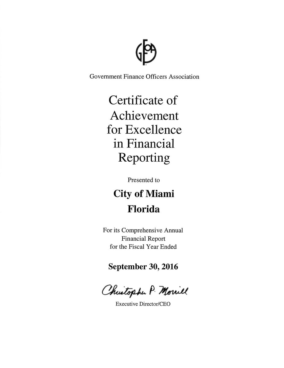 MiamiFinance305's tweet photo. The Finance Dept. announces that the City has been awarded the GFOA’s Certificate of Achievement in Financial Reporting for its FY2016 CAFR. https://t.co/g3sCigkhnz