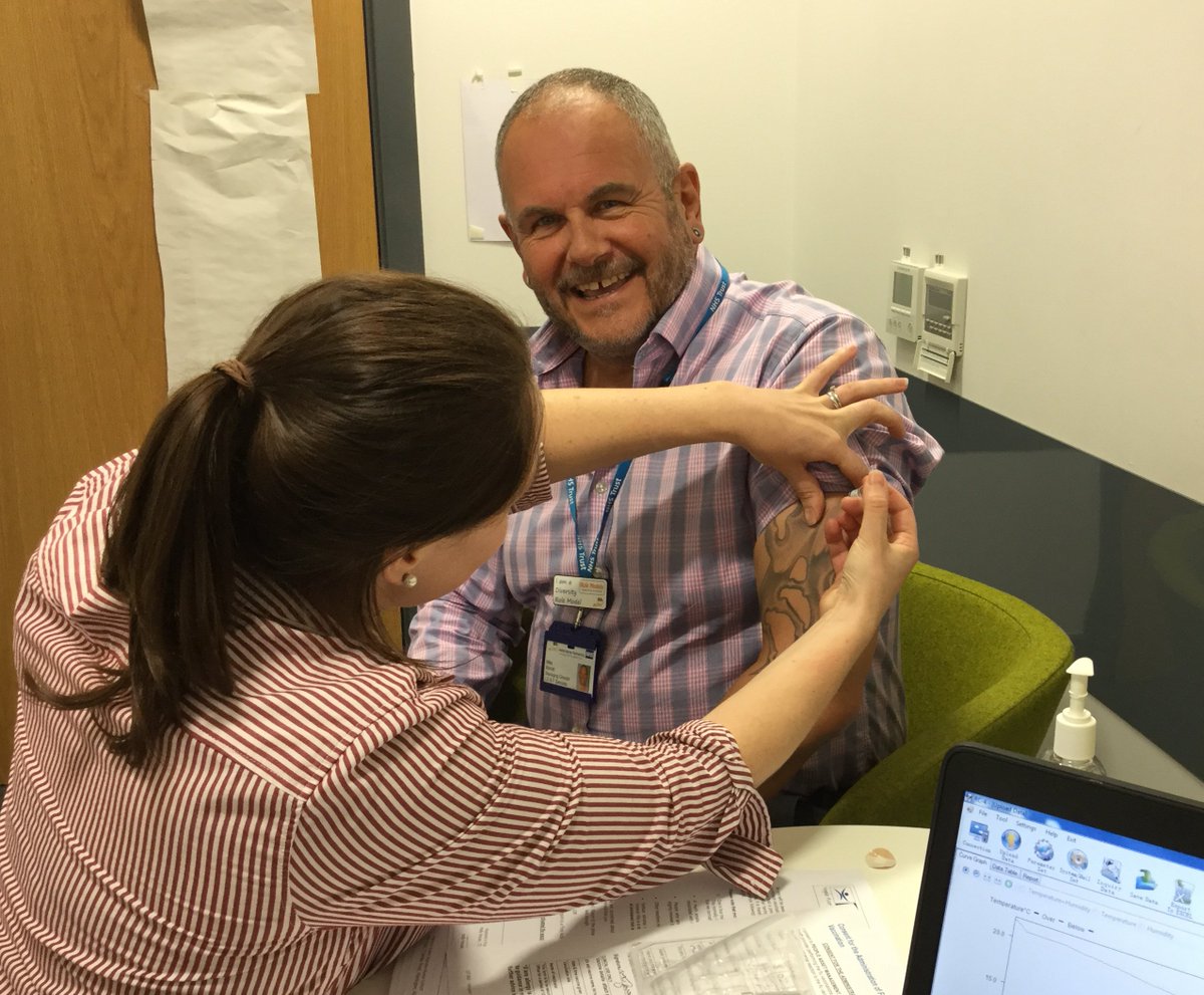 HPFT_NHS's tweet photo. Mike Barratt, HPFT Managing Director, Learning Disabilities &amp; Forensic Services, proving he’s a #flufighter by having his #flujab today. https://t.co/oJy6dWmGC1