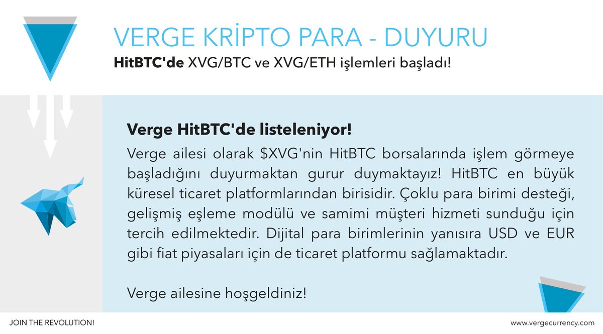 Verge ($XVG) HitBTC'de listelenmeye başladı! #vegenews #vergecurrency $BTC #bitcoin #altcoins #fintech #infosec