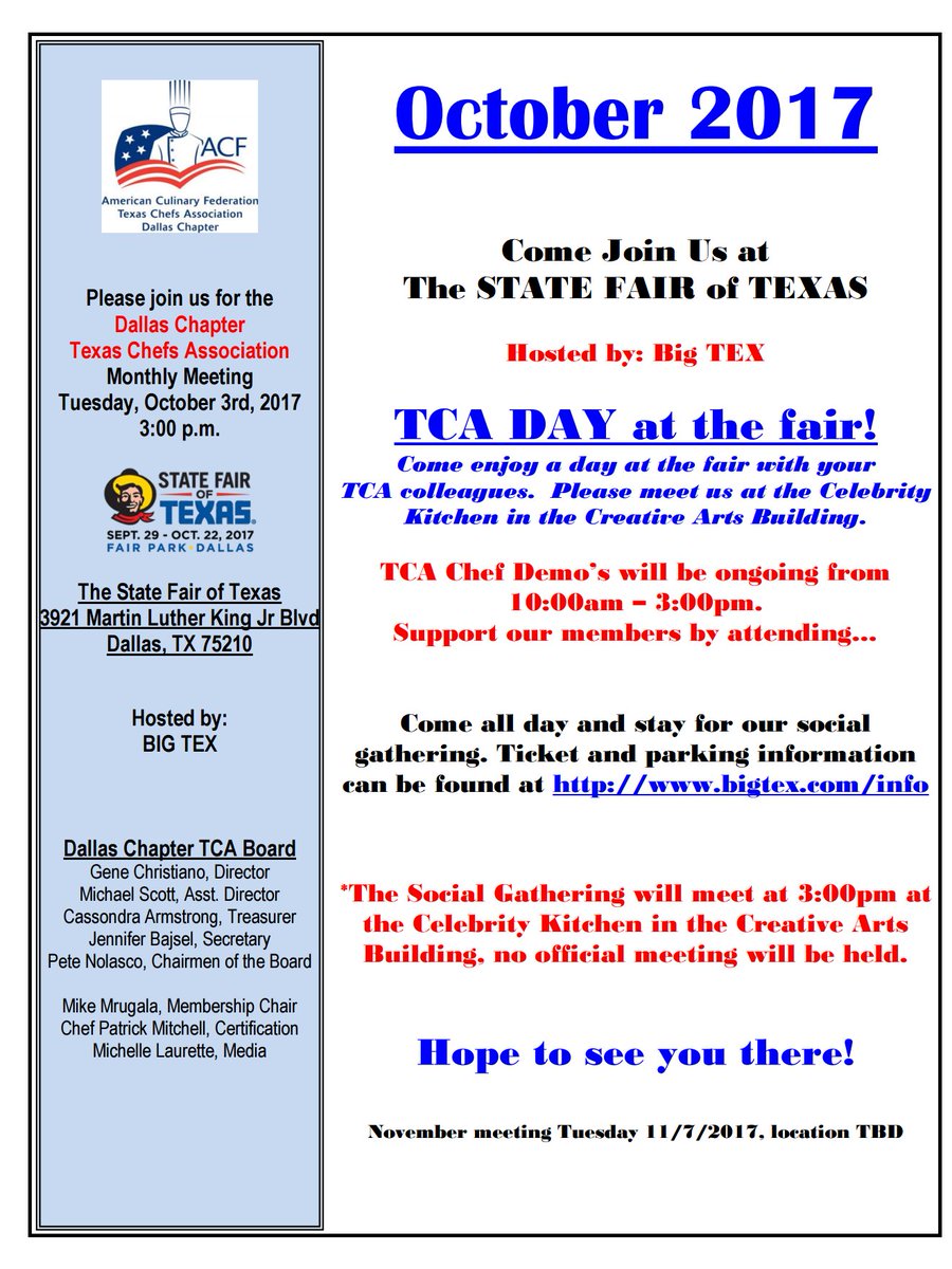 Dallas_TCA's tweet image. TCA Social Gathering Tues, 10/3, 3pm @ the Celebrity Kitchen in the Creative Arts Building. bigtex.com/info