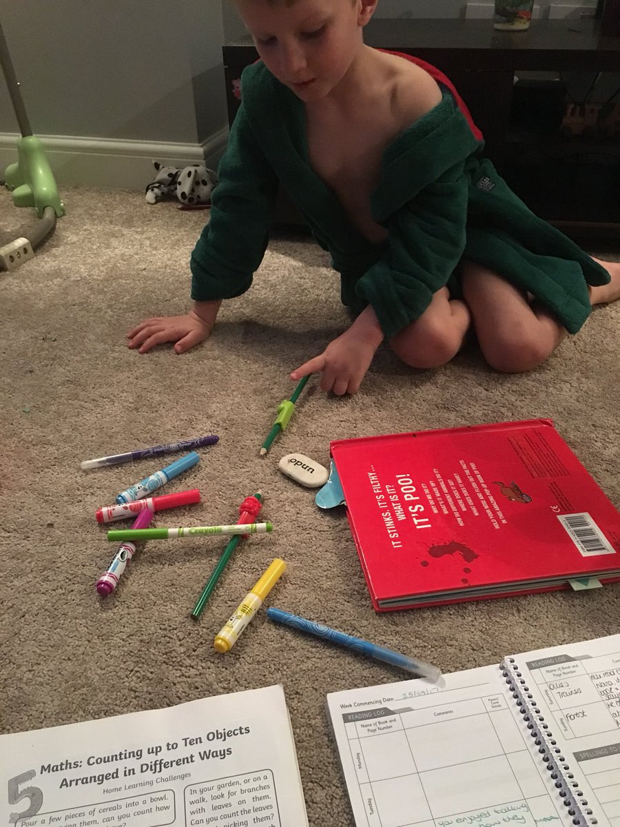nicchambers16's tweet photo. Counting his pens he used for his letter homework @PearTreeClassLW (excuse the book about poo - typical boy!) https://t.co/iZ7oRTUevx
