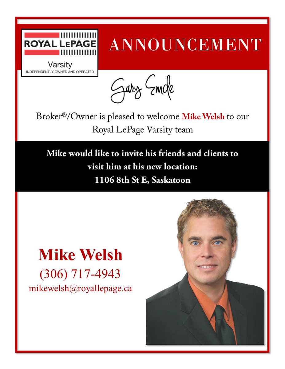 RLPVarsity's tweet photo. Welcome to the Royal LePage Varsity team Mike Welsh!
#yxe #RLPV #realestate #career #ad https://t.co/PYzcTlX6Dw