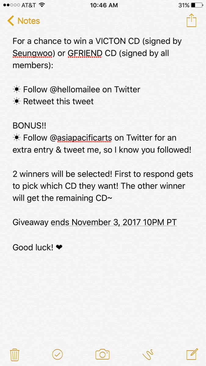 hellomailee's tweet photo. 5 weeks left! [GIVEAWAY] ✨2 winners✨ Each will win either a signed #KPOP CD from #VICTON or #GFRIEND! Follow &amp; RT to enter! (Closes 11/3/17) https://t.co/mIihEbZuLY