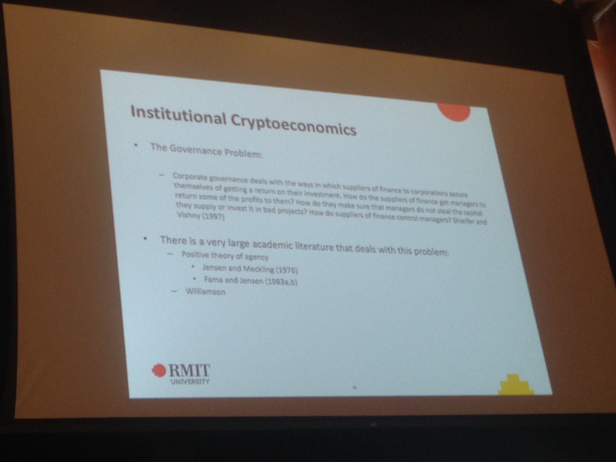 profjasonpotts's tweet photo. Institutional cryptoeconomics #dequity @SincDavidson #CESC2017 https://t.co/fK2csqjaNB