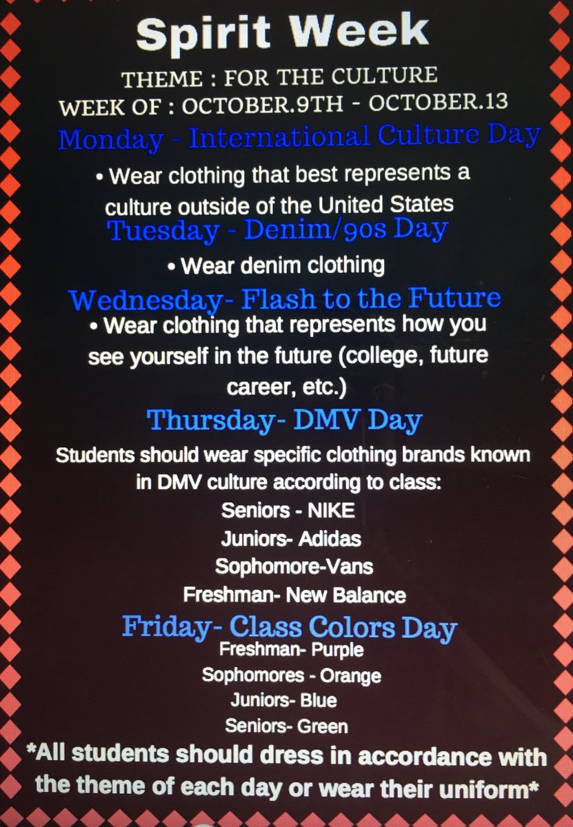 FDHSEagles_SGA's tweet photo. Spirit Week; October 9th-October 14th🎊#FDHS #ForTheCulture‼️ https://t.co/LfwtM5HUFl