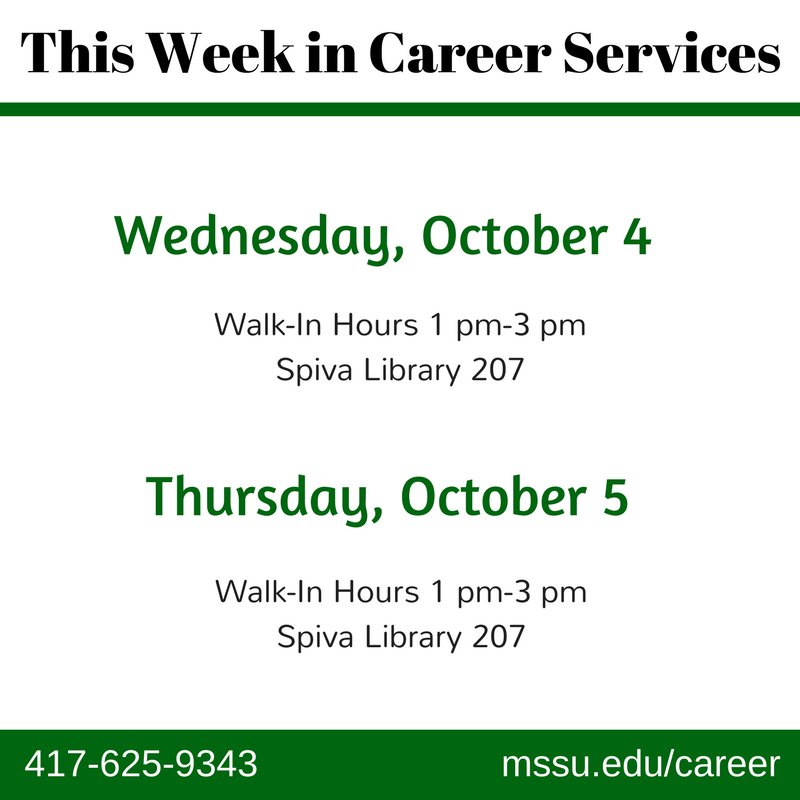 MSSUCareer's tweet photo. Here's what is happening this week at #CareerServices #WalkInHours #MSSU https://t.co/XFz0V1C7Xd