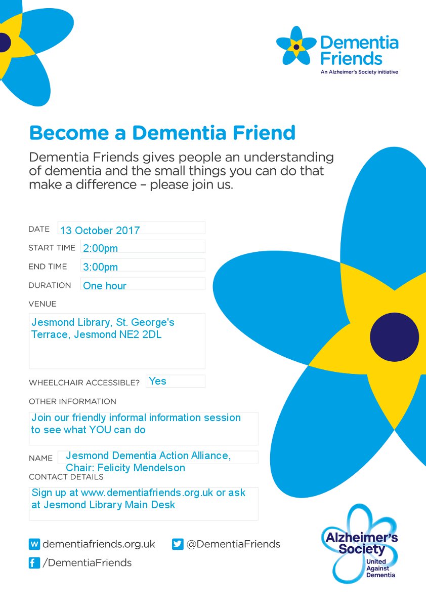 JesmondDAA's tweet photo. Our next Dementia Friends Session - it's free and will give you an understanding of dementia and the things you can do to make a difference. https://t.co/ZH6D28plXM