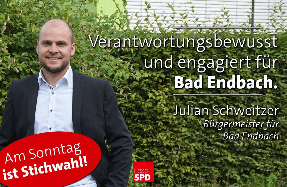 spdbe's tweet photo. Am Sonntag ist #Stichwahl in #badendbach. Wir unterstützen unseren #kandidaten #julianschweitzer. #spd #hessen #derschweitzermachts https://t.co/xhOSSelQiV