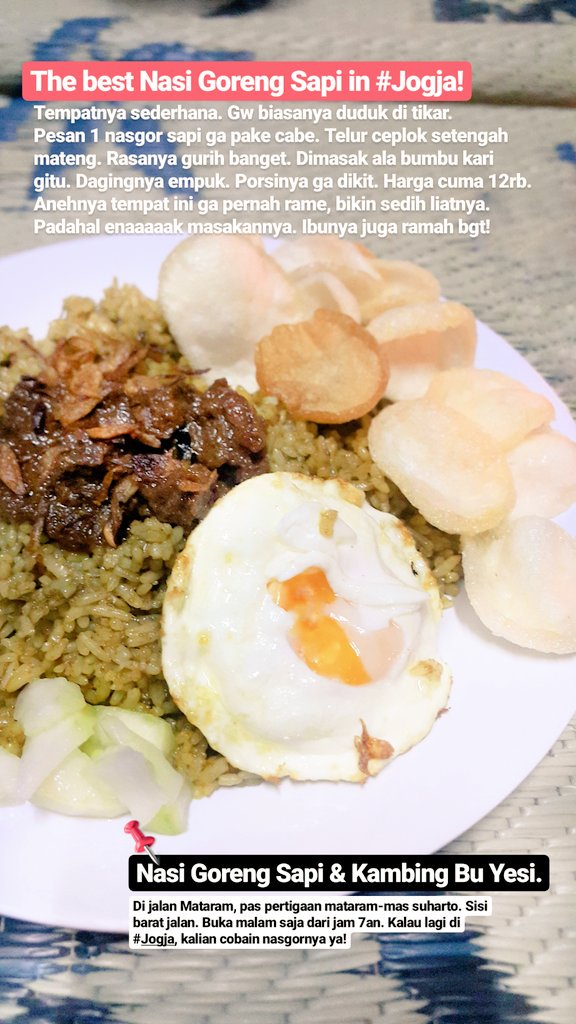 iamMariza's tweet photo. Nih gw kasih tau warung nasgor favorit gw di #Jogja! Sepi pelanggan pdhl enak bgt.. 😢
Semoga rejeki ibunya makin lancar. 🙏

#bukaniklan https://t.co/ES1eCDXuax