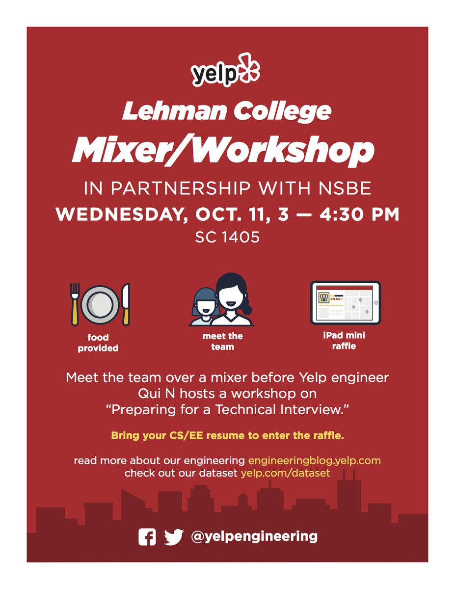 NS_Lehman's tweet photo. @Yelp is coming to @LehmanCollege! 

📍 Science Hall 1405
📅 Wed, October 11
⏰ 3:00 PM - 4:30 PM

Did someone say iPad Mini raffle!? 👀😱🙌🚨🎁 https://t.co/2kvII1wXNv