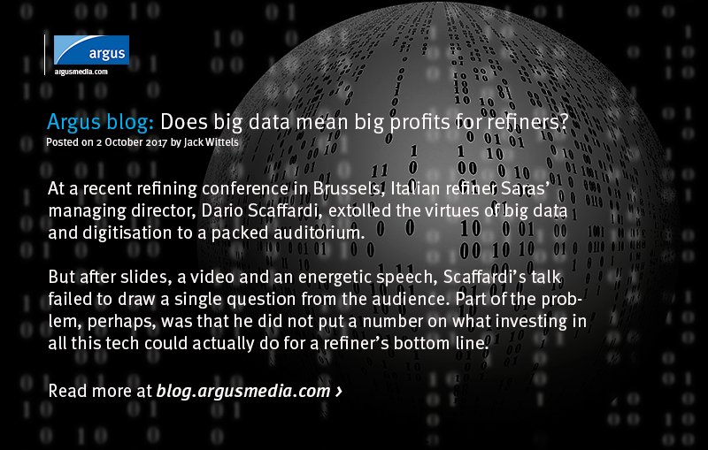 ArgusMedia's tweet photo. Does big data mean big profits for #refiners? Find out on the Argus blog today https://t.co/TeUdKCWz8e #Saras #digitisation https://t.co/IdJ0ZmTb5n