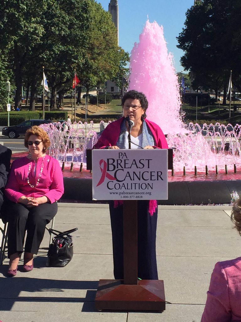 PBCC's tweet image. "Early detection and access to treatment are imperative... I am now cancer free." - #breastcancer survivor @RepDeLissio #PinkFountain