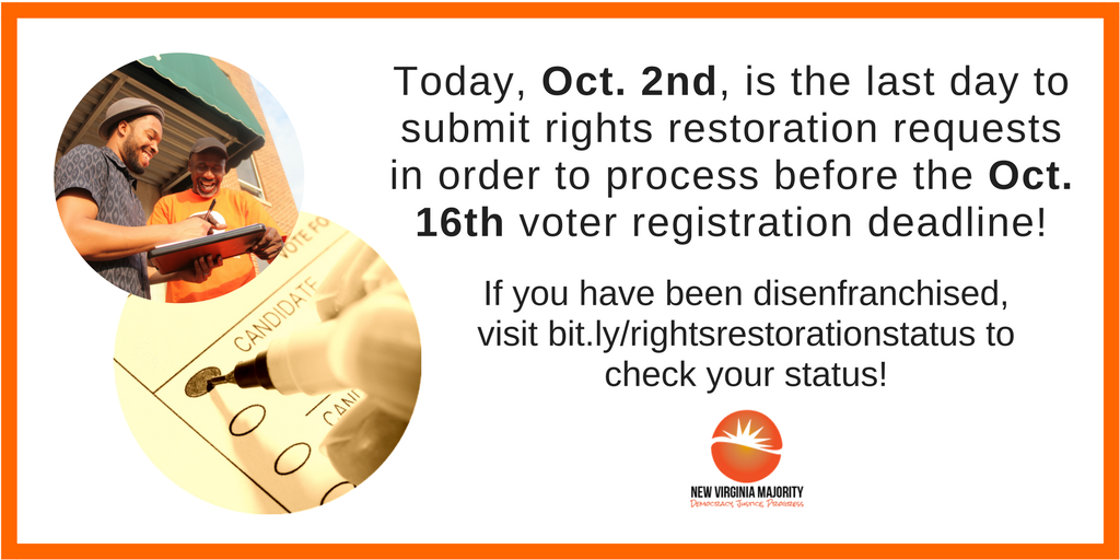 NewVAMajority's tweet photo. If you are eligible to have your rights restored, visit https://t.co/xqcGYSljCr to check your status! #VARoR #RightsRestoration https://t.co/4H63IoWtaX
