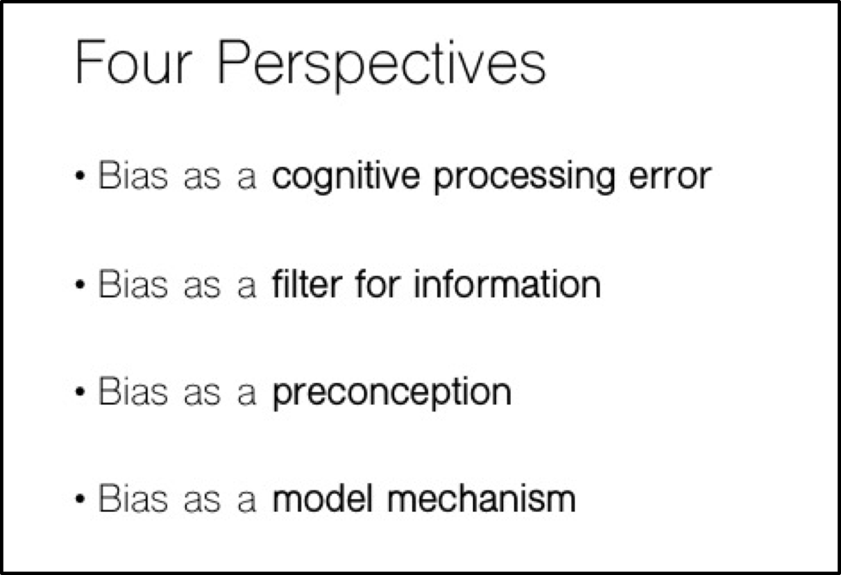 leslieblaha's tweet image. What’s your definition of bias? @embwall presents 4 perspectives on bias impacting visual analytics @DECISIVe2017 #AnalysisInMotion