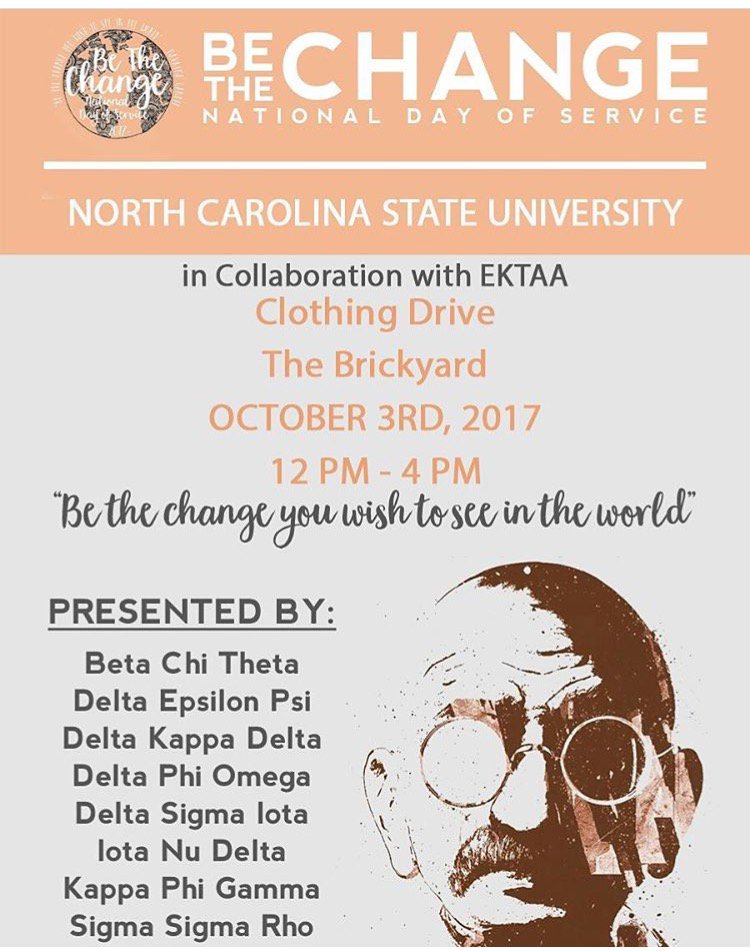 OCT 3 | 12 PM
Participate in the clothing drive on NC State’s campus! 
Reach out to them for more information! 
#BeTheChange2017
