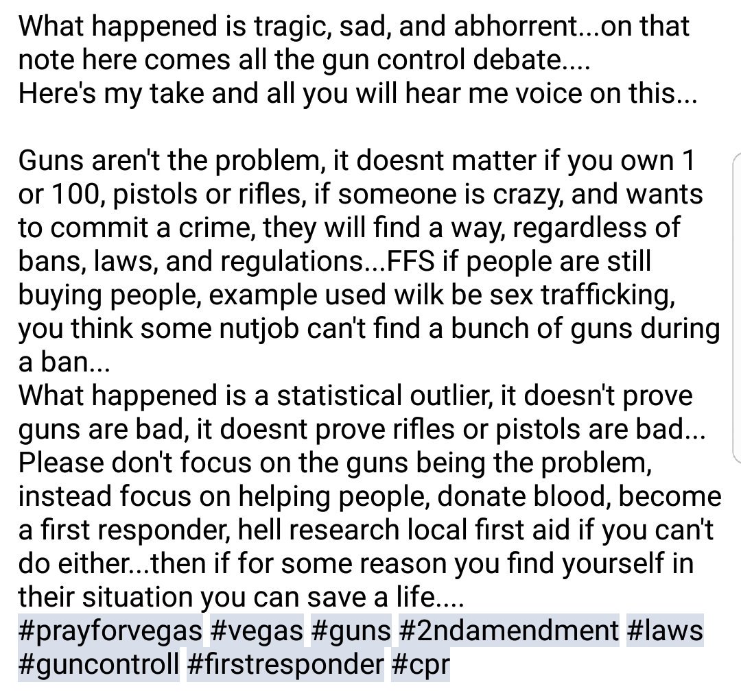 fairbanks_miles's tweet photo. My 2 cents #prayforvegas #MandalayBay #route91harvest #Terrorism #GunControlNow #cpr #FirstResponders https://t.co/Z8kmf3lFtA