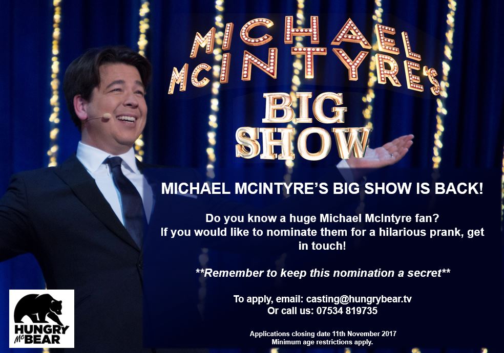 OfficialCastMe's tweet photo. Michael McIntyre's Big Show is on the look out for fun and outgoing people to be 'set up' on the show. See flyer for info https://t.co/QLhS2ovUmj