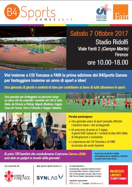 #B4Sports Games2017- Sabato 7 Ottobre ore 10 #stadioridolfi - Vi aspettiamo !!!
 <a href="/CsiToscana/">CSI Toscana</a> <a href="/fairitaly/">FAIR Italy</a> #SynlabItalia #Comunefirenze