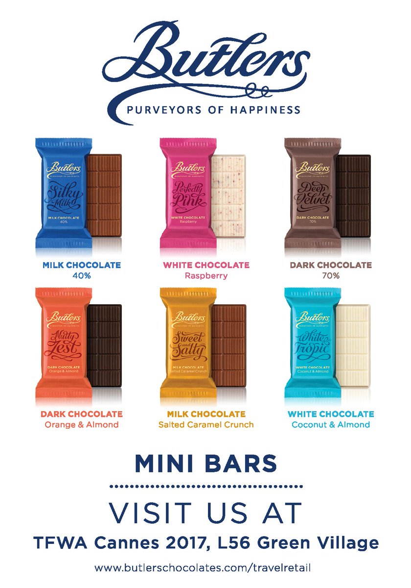 ButlersChocs's tweet image. Visit us at stand L56 in the Green Village at @TFWAnews in Canne. #Gunpowder #Drumshanbo #MiniBars #TFWA2017