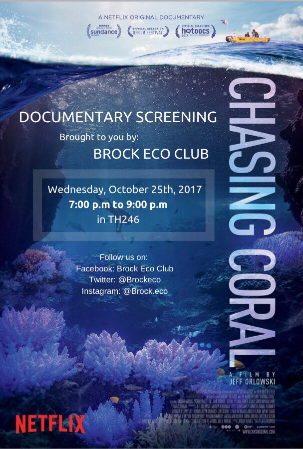Save the date! Brock Eco Club presents the documentary Chasing Coral! Watch the trailer here: youtube.com/watch?v=b6fHA9…
