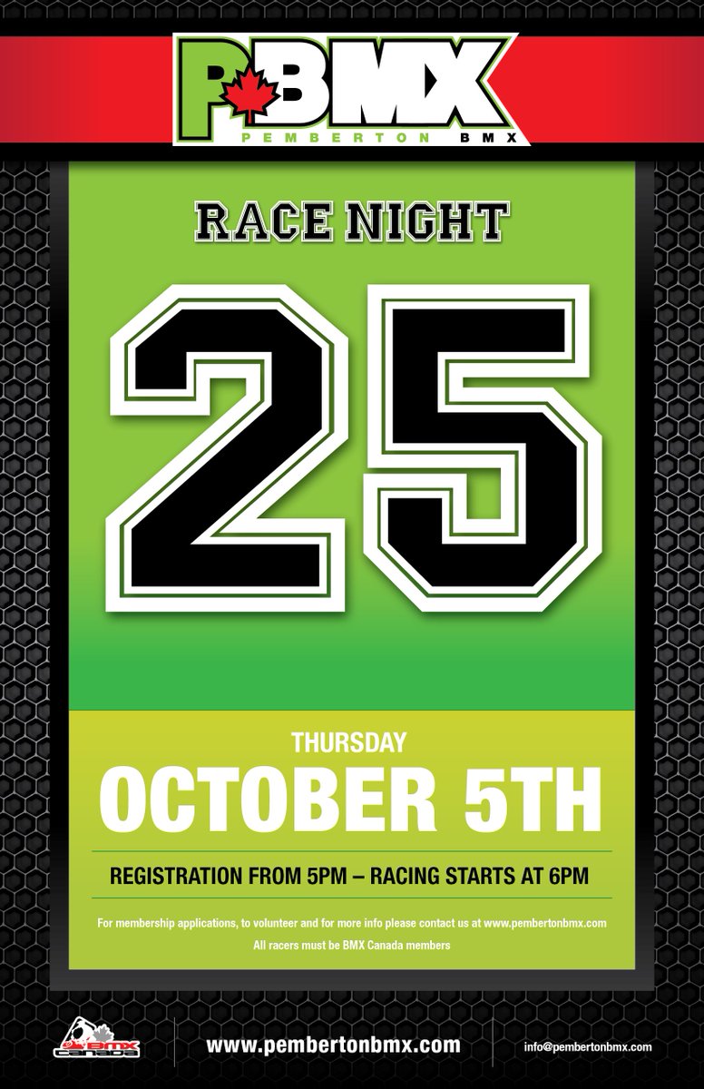 PembertonBMX's tweet photo. Race #24 this Thursday September 28th! Registration opens at 5pm at the track, closing at 6pm sharp or online here! https://t.co/PHSvnv1Be6 https://t.co/9xUEp6tdw0