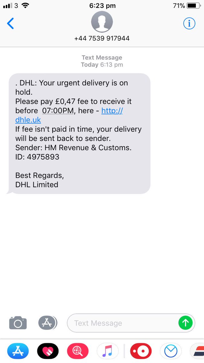dazecoop's tweet photo. ⚠️ Almost caught me out. Fake DHL text. Website unsecure. Phoned @dhlexpressuk to confirm, they had not heard of it. #dhle #dhleuk https://t.co/ubalbnfBig